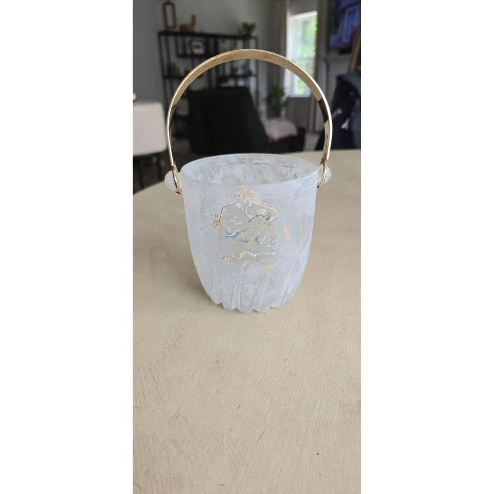 Vintage Silvestri Arte Murano glass Frosted Glass Ice‎ Bucket Gold Handle 5in